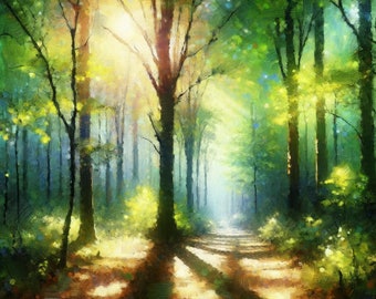 Impressionist Forest Print: Sunlight Dappled Woodland (PNG Digital Download)
