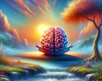 Mindful Brain Meditation Surrealist Print (PNG Digital Download)