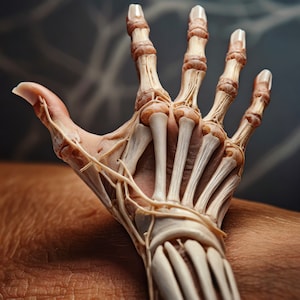 May include: A detailed anatomical model of a human hand, showing the bones and tendons. The hand is posed with the palm facing up, and the fingers are spread apart.