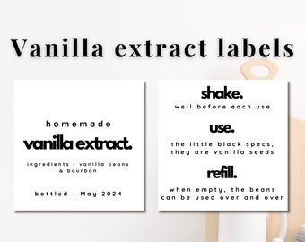 May include: Two white labels with black text. The first label says "homemade vanilla extract" with the ingredients and bottling date. The second label has instructions for using the vanilla extract, including shaking well before each use, using the vanilla seeds, and refilling the bottle with fresh beans.