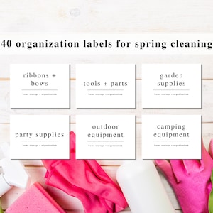 May include: Six white labels with black text on a white wood background. The labels are for organizing home storage. The labels read: ribbons + bows, tools + parts, garden supplies, party supplies, outdoor equipment, and camping equipment.