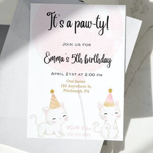 digital kitten birthday invite with free gift, kitten party invitation, kittycat party invite, meow invite, cat birthday party invite
