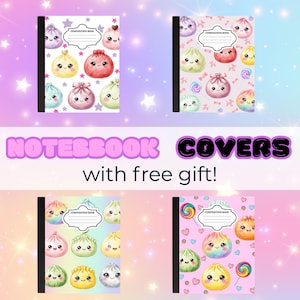 Kawaii dumpling composition and notebook covers, digital download back to school supplies for kids, pastel dumpling squishy decor