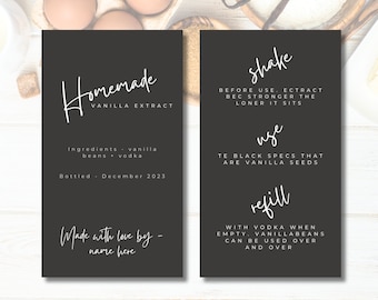 May include: Two black and white labels with instructions for making and using homemade vanilla extract. The first label says "Homemade Vanilla Extract" and includes ingredients, bottling date, and a space for a name. The second label has instructions for shaking, using, and refilling the extract.