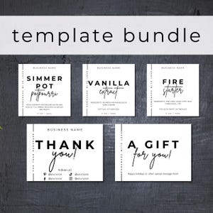 May include: A template bundle featuring five white rectangular labels with black text. The labels include designs for Simmer Pot Potpourri, Vanilla Extract, Fire Starter, a Thank You card with social media icons, and an A Gift For You card.