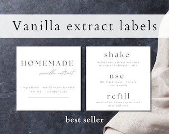 May include: Two white labels with black text for homemade vanilla extract. The left label says "HOMEMADE vanilla extract" and includes the ingredients and bottling date. The right label has instructions for using the extract, including shaking before use, refilling with vodka and vanilla beans, and using the black specs (vanilla seeds).