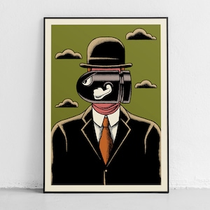 May include: A black and white illustration of a man wearing a bowler hat and a suit. His face is obscured by a black and white cartoon bomb with a frowning face.