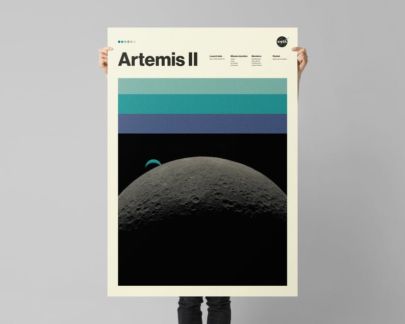 May include: A poster with the text "Artemis II" and NASA logo. The poster features a graphic of the moon with a blue planet in the background, and horizontal stripes of teal and blue. The poster is held up by a person.