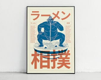 Ramen and Sumo Wrestler Print, Japanese Ramen Noodle Poster, Japanese Wall Art, Japanese Poster, Japanese Art, Modern Minimalist Poster