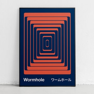 May include: A blue poster with a red and white geometric design. The design is a series of concentric squares, with the innermost square being the smallest. The poster has the text "Wormhole" and "ワームホール" printed at the bottom.