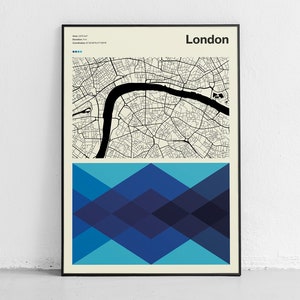 ロンドン地図ポスター、ロンドンの歴史的な魅力を現代の地図デザインで再解釈。ミッドセンチュリーモダンプリントでロンドンの活気あふれる精神を発見してください。