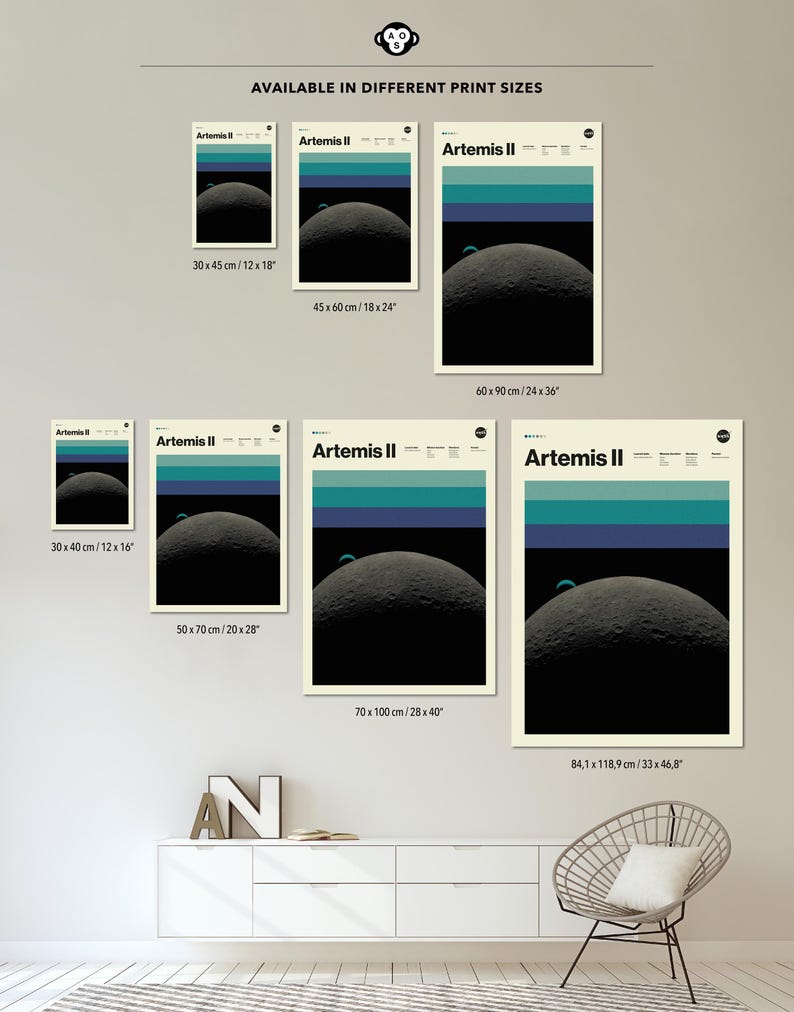 May include: A collection of Artemis II art prints in various sizes, showcasing a minimalist design of a planet with blue and teal stripes. The prints range from 12x16 inches to 33x46.8 inches, with the text "AVAILABLE IN DIFFERENT PRINT SIZES" at the top.
