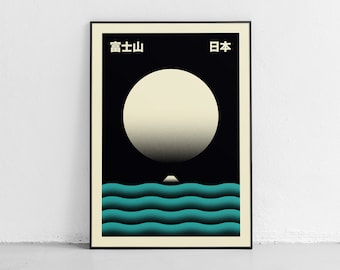 Mount Fuji Moonlit Poster, Japanese Moon Art Print, Modern Minimalist Japanese Art Poster, Japanese Calligraphy Print