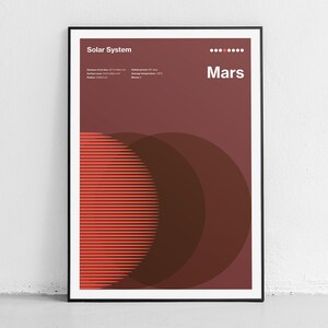 Solar System Poster: Mars, a contemporary poster showing the red planet, art print, vintage style, perfect gift