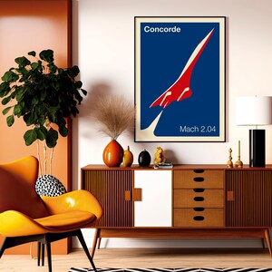 May include: A vintage-style poster featuring a red and white Concorde supersonic jet against a blue background. The poster reads "Concorde" and "Mach 2.04".