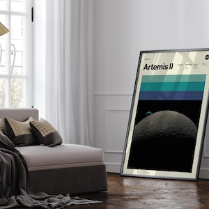 May include: A framed poster with the text "Artemis II" features a graphic of the moon and a blue and green striped design. The poster is leaning against a white wall in a room with a window and a couch.