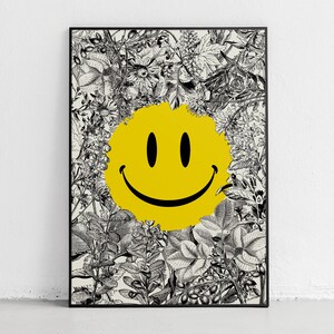 Stampa murale con faccina sorridente floreale vintage - Stampa murale con tecnica mista, illustrazione botanica in bianco e nero con vibrazioni pop art, arredamento retrò per la casa