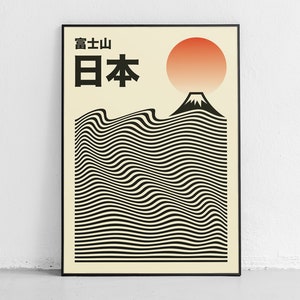 Póster japonés del Monte Fuji, póster japonés moderno, arte japonés de la montaña del sol, impresión artística japonesa minimalista y neutra, impresión del Monte Fuji