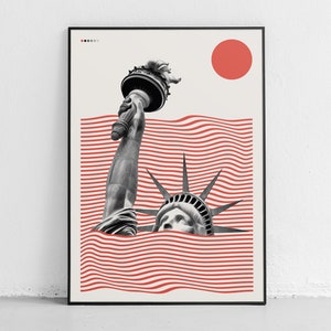 Poster Statua Sommersa, una stampa minimalista e moderna della Libertà tra le onde, poster della Statua della Libertà, New York, stampe da parete