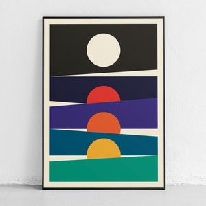 Summer Twilight Poster, Eine moderne Meerlandschaft von Sonne, Mond und Meer, minimalistischer Kunstdruck mit ruhigen Wasser und ruhigen Ozean