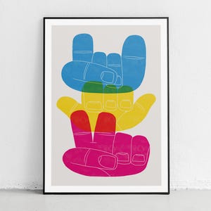 Rock and Roll Hang Loose e Peace Dita Segni di Espressione Mani Pop Art Audaci in Colori Sovrapposti