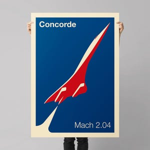 May include: A blue and red poster with a white border featuring a silhouette of the Concorde supersonic jet. The poster reads "Concorde" and "Mach 2.04".