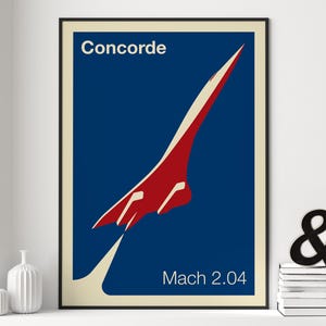 May include: A vintage-style poster featuring a red and white Concorde supersonic jet against a blue background. The poster reads "Concorde" and "Mach 2.04".