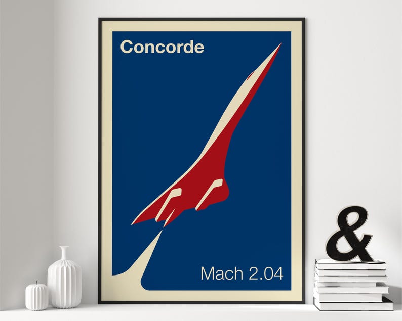 May include: A vintage-style poster featuring a red and white Concorde supersonic jet against a blue background. The poster reads "Concorde" and "Mach 2.04".
