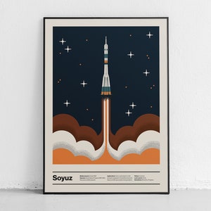 Poster ispirato alla Soyuz, famoso Space Shuttle russo, stampa di un'avventura cosmica contemporanea, decorazione per la cameretta dei bambini, stile vintage, regalo perfetto