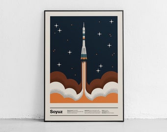 Soyuz inspired poster, famous Russian space shuttle, contemporary cosmic adventure print, vintage style, perfect gift