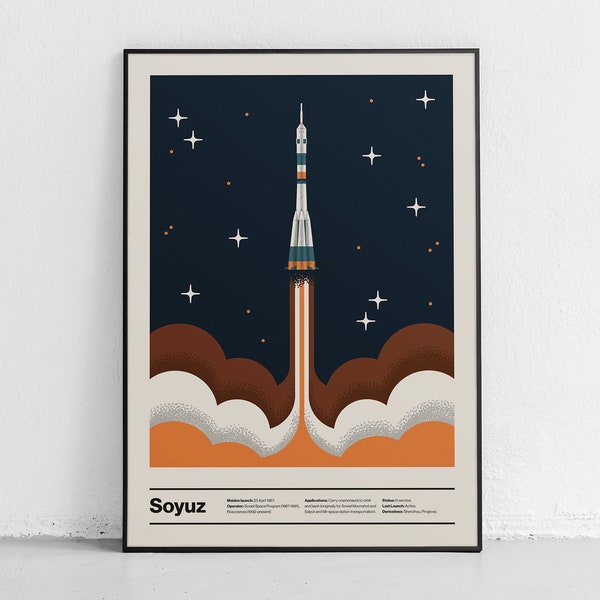 Soyuz Inspired Poster, Famous Russian Space Shuttle, A Contemporary Cosmic Adventure Print, Kid's Room Decor, Vintage Style, Perfect Gift