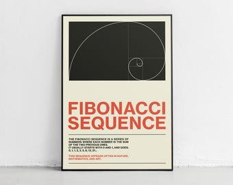 Póster de la secuencia de Fibonacci / Arte mural en espiral con proporción áurea / Impresión matemática minimalista / Diseño geométrico moderno / Decoración de ciencia y matemáticas