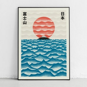Mount Fuji Serenade Poster, Artwork with Japanese Letters, Waves, Sun, and Iconic Mount Fuji, Modern Print Showcasing Japanese Kanji