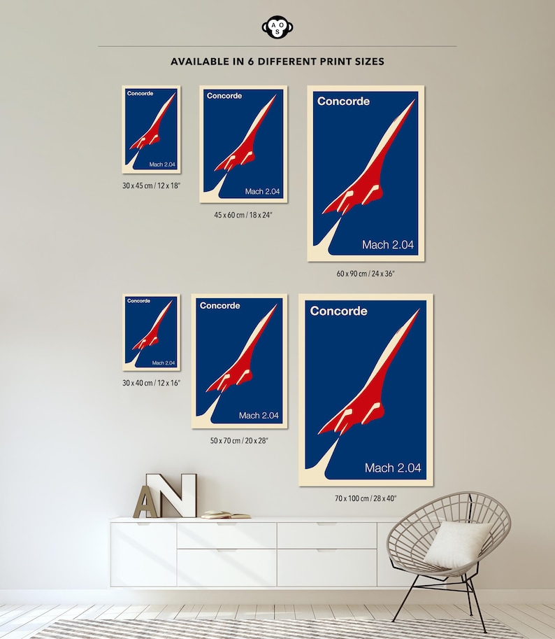 May include: Six different sizes of a vintage-style poster featuring a red and white Concorde supersonic jet against a blue background. The poster text reads "Concorde" and "Mach 2.04". The poster sizes are listed in both inches and centimeters.