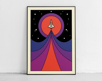 RADIANT EXPLORATION, A Colorful and Minimalist Poster of a Space Shuttle Adventure