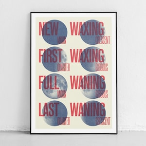Sinfonia Lunare, Poster Risograph Minimalista delle Fasi Lunari, Stampa Artistica (12x16, 18x24, 24x36, 30x40, 50x70, 70x100)