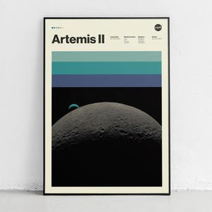 May include: Framed poster featuring the Artemis II mission. The design includes a depiction of the moon's surface, a crescent-shaped planet, and horizontal bands of teal and blue. The NASA logo is visible in the upper right corner.