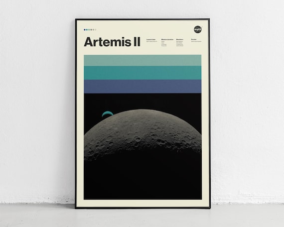 Artemis II NASA Poster, Moon Mission Wall Art, Space Exploration Print, Minimalist Lunar Decor, Modern Sci-Fi Poster