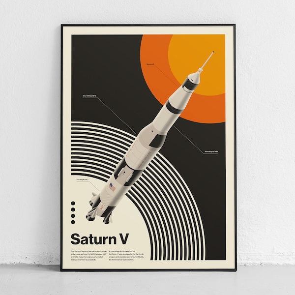 Impression inspirée de Saturne V, affiche minimaliste moderne de l'exploration lunaire, impression moderne capturant l'esprit du voyage spatial, style vintage