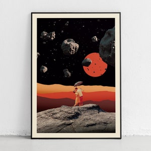 Es regnet Felsen, Surreal Space Romance Art, Retro futuristischer Collagendruck mit Asteroiden und Liebenden, Sci-Fi-Fantasy-Wandkunst