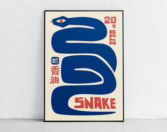Japanese blue snake poster, minimalist animal illustration with retro typography, vintage style wall decor for home or office
