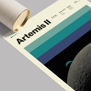 May include: A poster for the Artemis II mission, featuring a retro design with the NASA logo. The poster has a cream background with horizontal stripes in teal and blue. The image includes a depiction of the moon and a cylindrical poster tube.