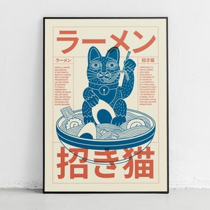 Ramen and Fortune Cat Print, Japanese Ramen Noodles Cat Print, Japanese Wall Art, Japanese Poster, Modern Minimalist Poster, Maneki Neko