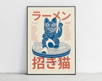 May include: A vintage-style poster with a blue and white illustration of a Maneki-Neko, a Japanese lucky cat, sitting in a bowl of ramen noodles. The poster has the text "Ramen" and "招き猫" in Japanese characters.