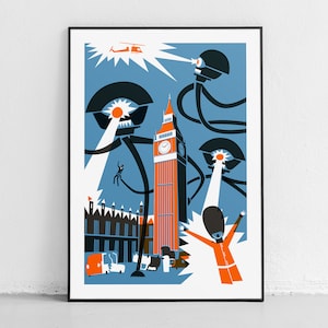 Lámina "Invasión Cósmica", "Extraterrestres vs. Big Ben", lámina de mediados de siglo, arte moderno y minimalista, arte mural, póster de dibujos animados