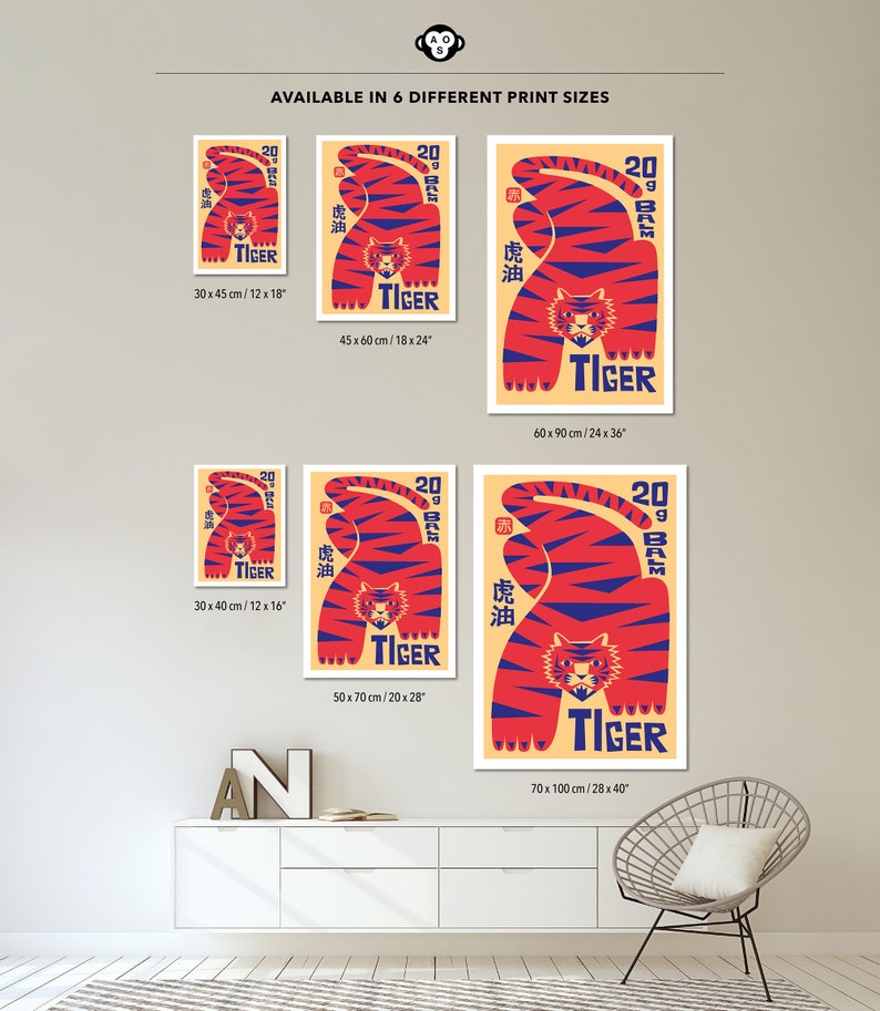 May include: A red and blue tiger illustration with Chinese characters and the word "Tiger" in a vintage style poster. The poster is available in six different sizes, ranging from 30 x 45 cm to 70 x 100 cm.