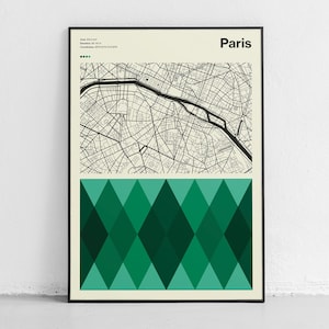 Affiche de carte de Paris, charme historique parisien réinventé dans une conception de carte moderne, découvrez Paris dans cette impression moderne Mid-Century dynamique