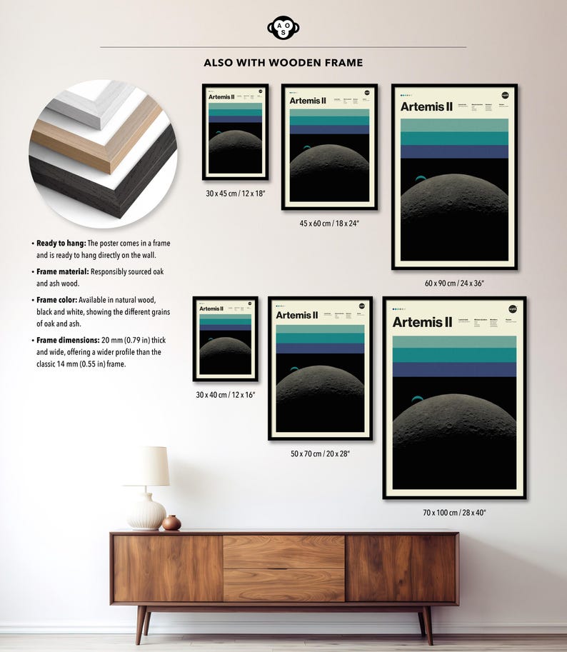 May include: A collection of framed Artemis II posters in various sizes, showcasing a retro-style design with a crescent moon and horizontal bands of color. The posters are displayed with wooden frames, and the dimensions range from 12x16 inches to 28x40 inches.