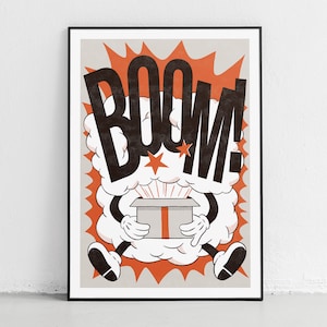 Lámina artística ¡Boom! Explosión de dibujos animados: divertido póster de pop art retro, decoración de pared con gráficos llamativos, ilustración divertida y original de estilo cómic.