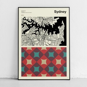 Affiche de carte de Sydney, carte moderne et minimaliste, plan de la ville moderne Mid-Century, impressions de carte, affiche d'impression de carte, illustration de la ville, ville glamour